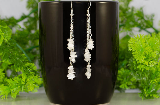Long Silver Plated Chain and Moonstone Chip Earrings on a coffee mug
