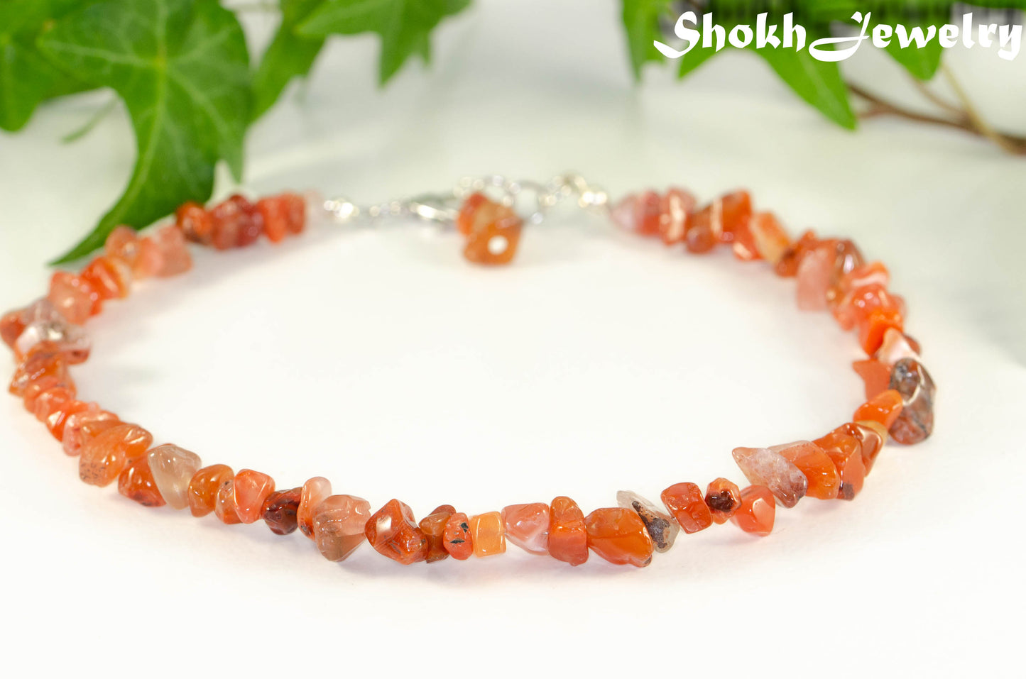 Close up of Natural Carnelian Crystal Chip Anklet.