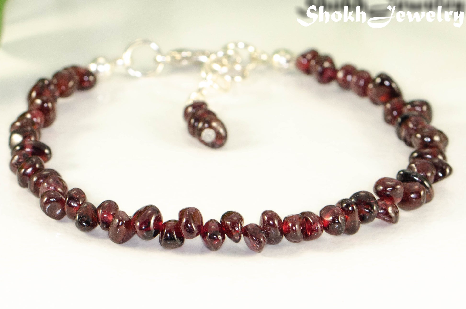 Close up of Natural Garnet Crystal Chip Bracelet