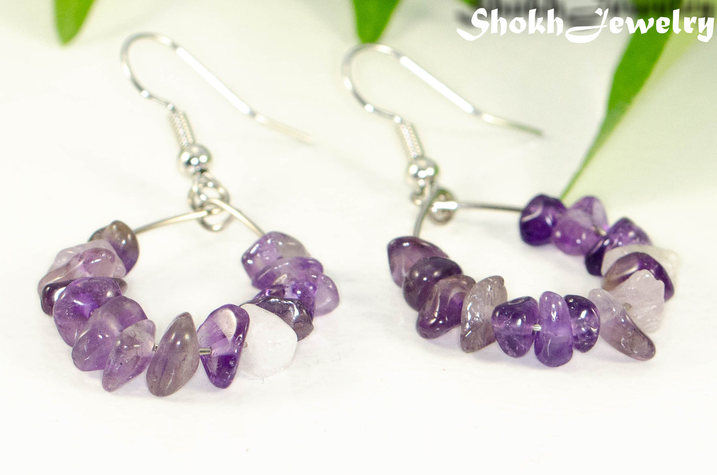 Close up of Natural Amethyst Crystal Chip Earrings