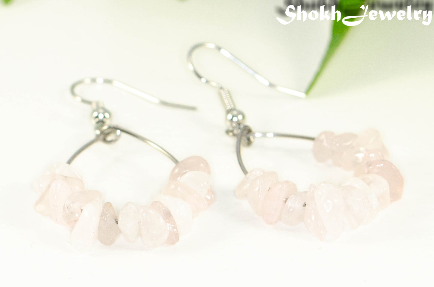 Close up of Natural Rose Quartz Crystal Chip Earrings