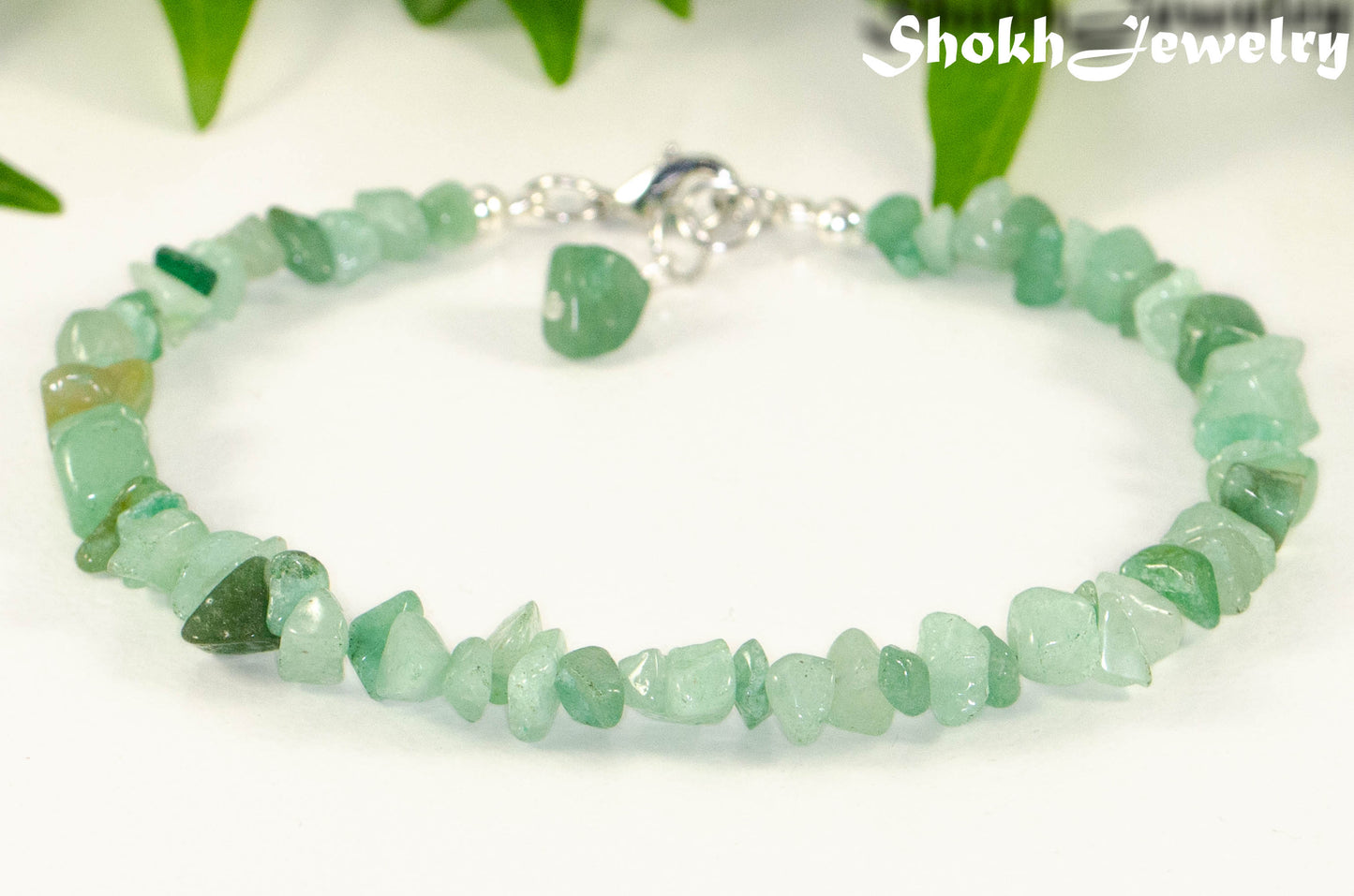 Close up of Natural Green Aventurine Crystal Chip Anklet.
